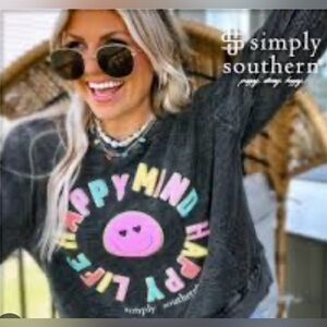 Simply Southern Boxy Ribbed Black Washed Sweatshirt Small Oversized Happy Face